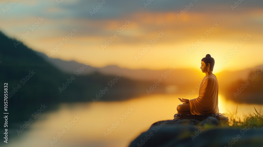 Golden Buddha statue sitting peacefully by river at sunset, radiating tranquility and serenity. warm glow enhances spiritual atmosphere of scene Golden Buddha statue sitting peacefully by river at sunset, radiating tranquility and serenity. warm glow enhances spiritual atmosphere of scene