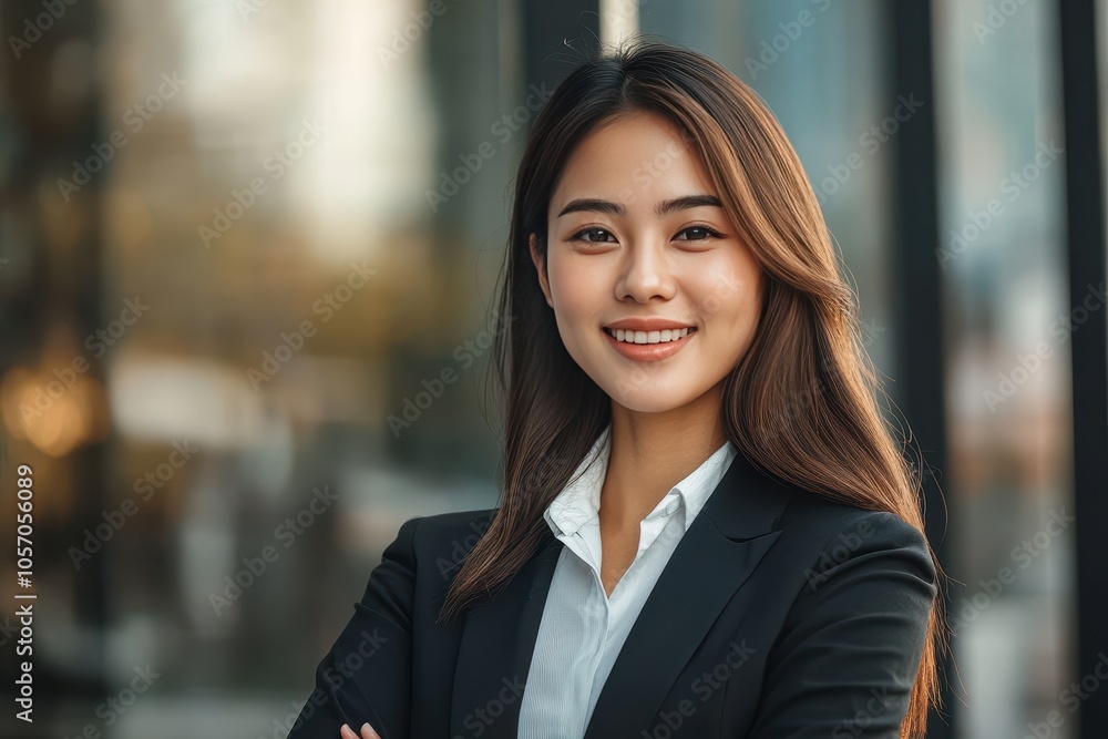 Capture the confident presence of a young Asian professional woman in a suit positioned outside an urban office building smiling at the camera reflecting her success and ambition in the business world Capture the confident presence of a young Asian professional woman in a suit positioned outside an urban office building smiling at the camera reflecting her success and ambition in the business world