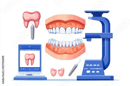 Dental care tools and illustrations showing teeth, implants, and dental technology on a white background. photo