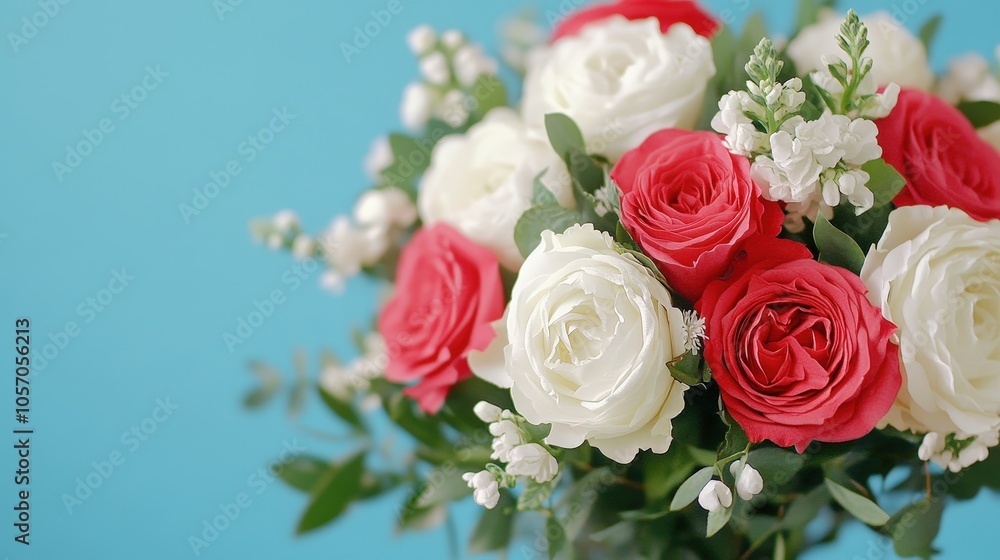 Romantic Bouquet of White and Pink Roses on Blue Background Romantic Bouquet of White and Pink Roses on Blue Background