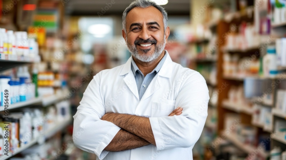 A pharmacist smiles warmly while standing with crossed arms in a pharmacy. Shelves filled with various medicines and healthcare products line the background, showcasing a busy retail environment A pharmacist smiles warmly while standing with crossed arms in a pharmacy. Shelves filled with various medicines and healthcare products line the background, showcasing a busy retail environment