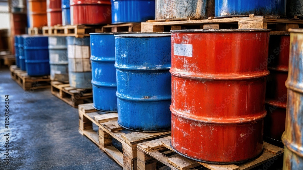 Aged chemical barrels on wooden pallets in a factory showcase blue and red oil drums for hazardous waste, emphasizing safety and environmental protection in industrial settings. Aged chemical barrels on wooden pallets in a factory showcase blue and red oil drums for hazardous waste, emphasizing safety and environmental protection in industrial settings.