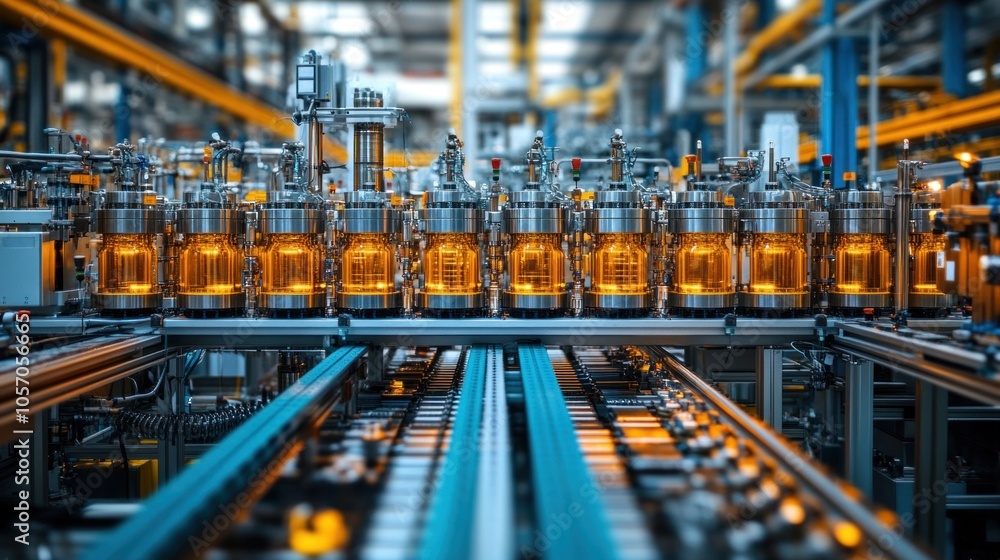 Fototapeta premium Team of workers assembling complex machinery in a factory, illustrating teamwork and precision in industrial manufacturing