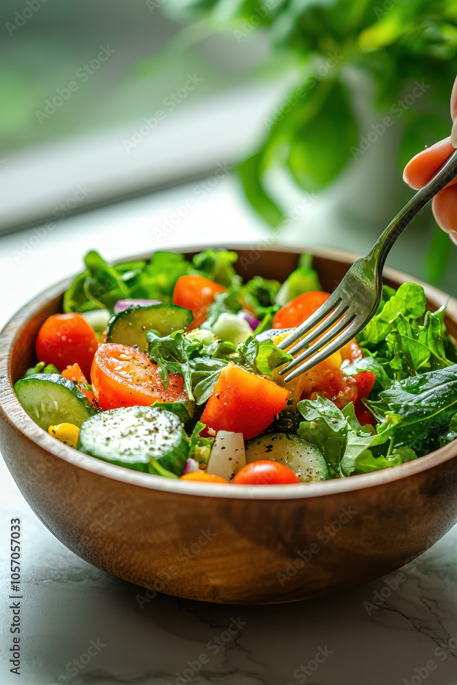 Delicious Garden Salad with Fresh Vegetables in a Wooden Bowl Delicious Garden Salad with Fresh Vegetables in a Wooden Bowl
