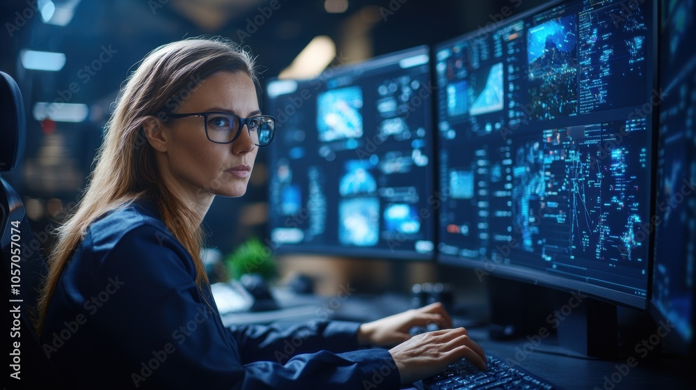 A woman with long hair and glasses is focused on analyzing various data streams displayed across several screens in a dimly lit modern office. She appears engaged and attentive to her work A woman with long hair and glasses is focused on analyzing various data streams displayed across several screens in a dimly lit modern office. She appears engaged and attentive to her work