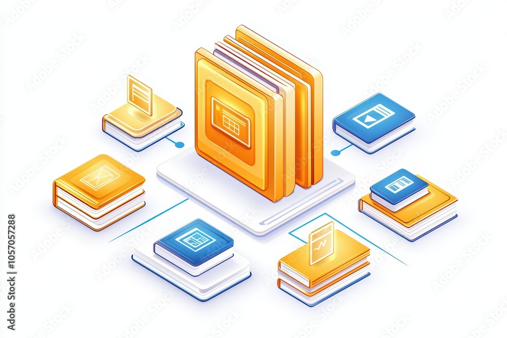 Digital illustration of stacked books with various page designs and icons, on a bright background. Digital illustration of stacked books with various page designs and icons, on a bright background.