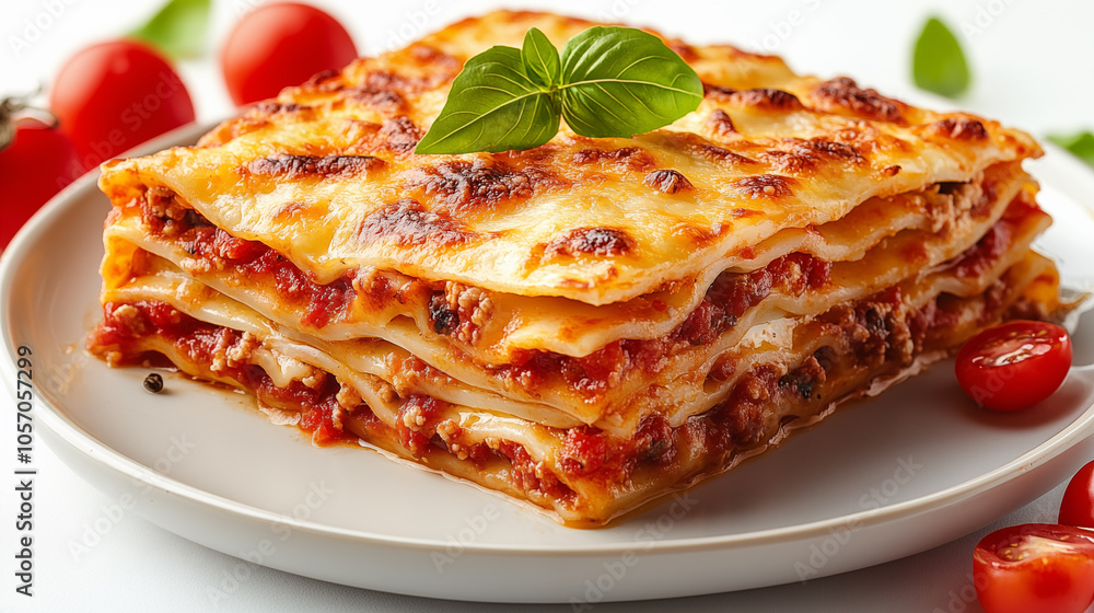 Portion of lasagna on a plate with tomato sauce and basil Portion of lasagna on a plate with tomato sauce and basil