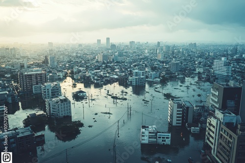 An aerial view of a city grappling with a massive flood, highlighting the consequences of rising sea levels on urban areas and emphasizing the need for climate awareness and adaptation strategies photo