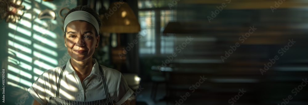 Smiling worker, 45 year old woman, maid, interplay of lights and shadows, background is hotel room Smiling worker, 45 year old woman, maid, interplay of lights and shadows, background is hotel room