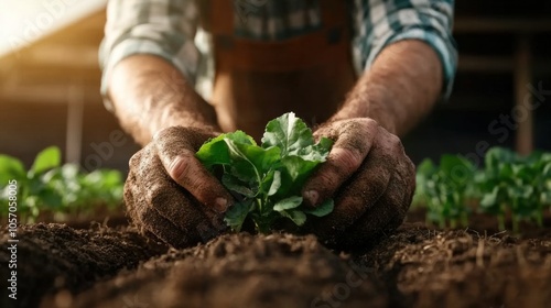 Farmer tending to crops in a greenhouse, illustrating sustainable agriculture and modern farming techniques photo