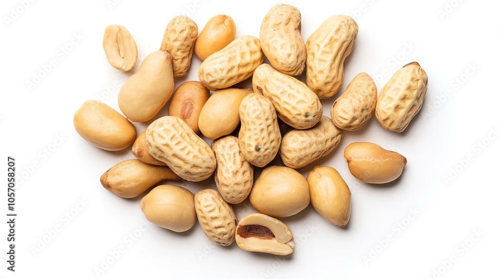 Pile of shelled and unshelled peanuts on a white background, showcasing texture and variety in forms. Pile of shelled and unshelled peanuts on a white background, showcasing texture and variety in forms.