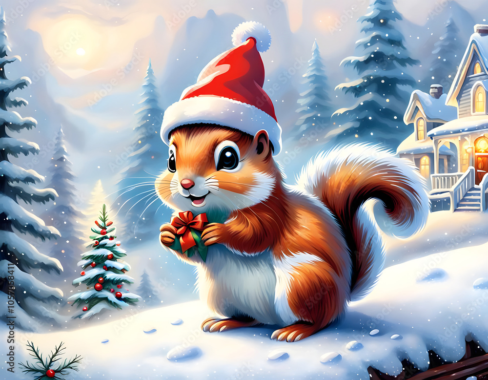 A cute squirrel with Santa hat in the winter forest A cute squirrel with Santa hat in the winter forest