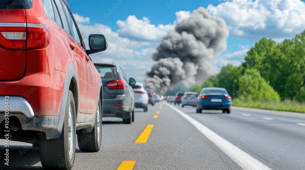 Vehicles are stalled on a highway as thick black smoke billows into the sky from a fire in the distance, contrasting against the blue skies and green surroundings Vehicles are stalled on a highway as thick black smoke billows into the sky from a fire in the distance, contrasting against the blue skies and green surroundings