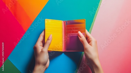 hands of woman holding a colourful wallet