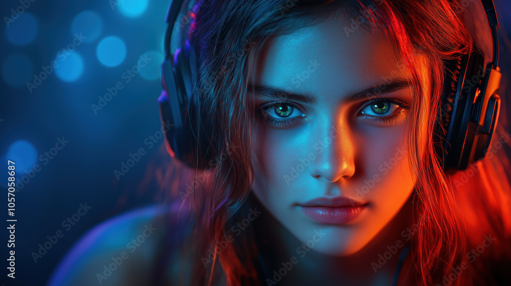 Naklejka premium Intense esports player with headphones, vibrant lighting, focused expression