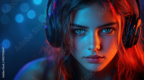 Intense esports player with headphones, vibrant lighting, focused expression