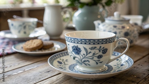 Wallpaper Mural Elegant White and Blue Teacup with Handle - A Perfect Addition to Your Collection of Fine Tableware Torontodigital.ca