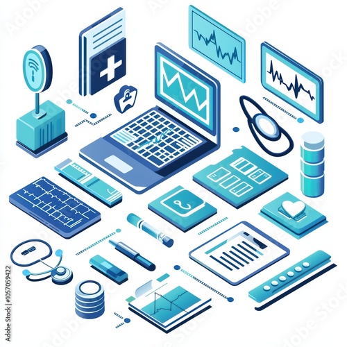 Isometric illustration of medical technology tools and devices on a white isolate background