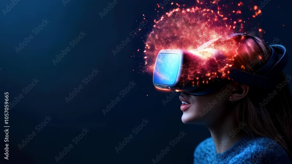Immersive Virtual Reality Technology Womans Exciting Journey Through Digital Worlds Filled with Vibrant Sparks and Lights in Gaming. Immersive Virtual Reality Technology Womans Exciting Journey Through Digital Worlds Filled with Vibrant Sparks and Lights in Gaming.