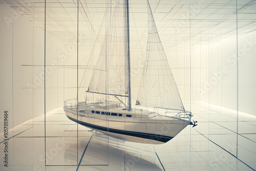 modern conceptual sailboat in a geometric room with grid lines giving a futuristic and abstract feel highlighting design and form
 photo