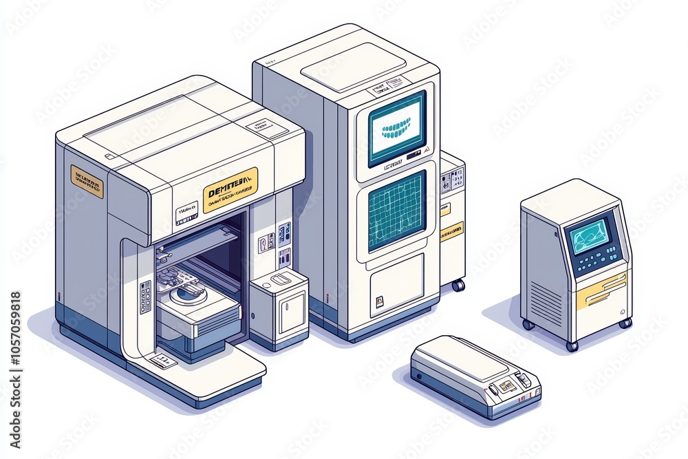 Medical imaging equipment set against a white isolated background. Medical imaging equipment set against a white isolated background.
