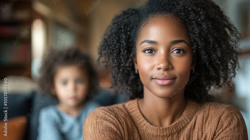 A mother with curly hair sits in a cozy living room, looking directly at the viewer while her child playfully engages in the background. The soft lighting enhances their connection