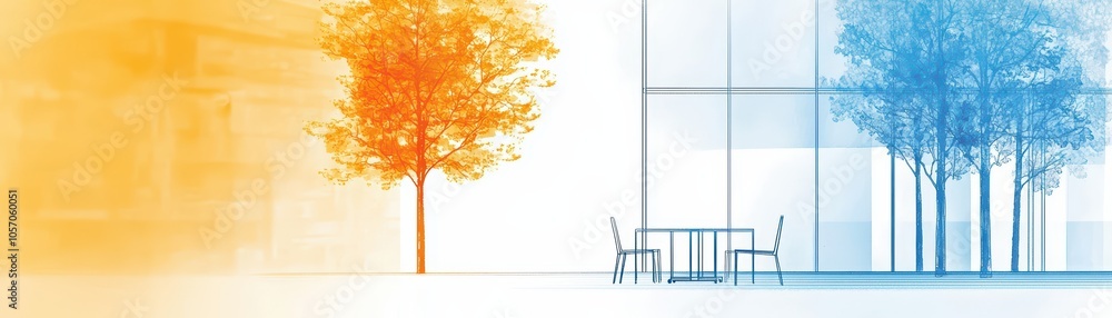 Obraz premium Modern architecture with colorful trees and a table in an urban setting, showcasing a vibrant outdoor space.