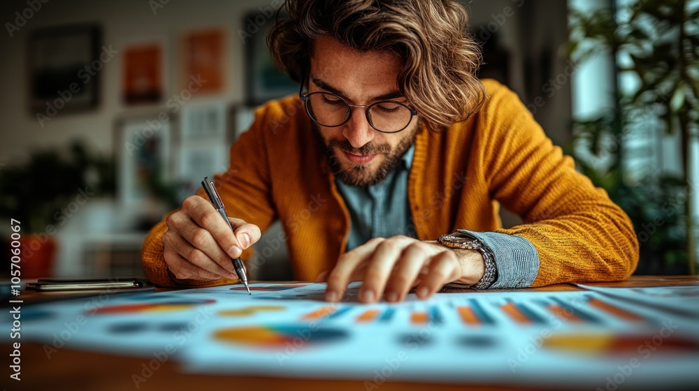 A young man focuses intently on colorful charts laid out before him, using a pen to mark important details in a bright, inviting workspace filled with greenery A young man focuses intently on colorful charts laid out before him, using a pen to mark important details in a bright, inviting workspace filled with greenery