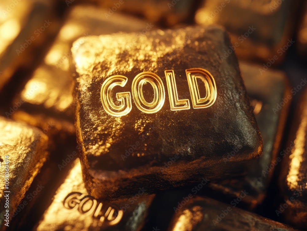 Close-up of shiny gold bars with embossed 'GOLD' text, symbolizing wealth and luxury. Close-up of shiny gold bars with embossed 'GOLD' text, symbolizing wealth and luxury.