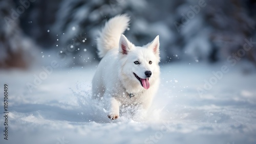 White Fluffy Dog Running Through Snow with Playful Expression - Winter Pet Photography with Snowy Forest Background