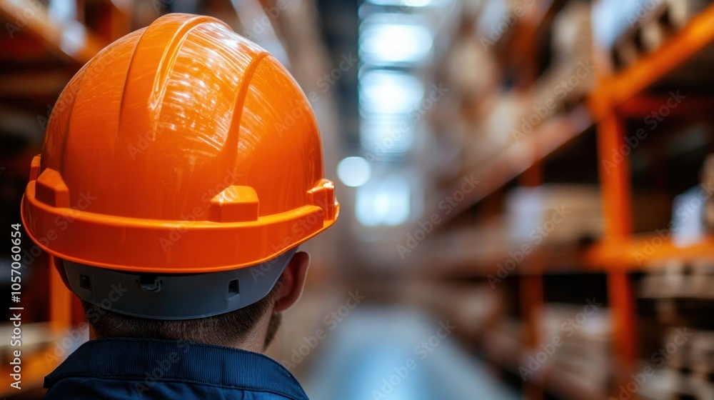 A warehouse worker in an orange hard hat stands facing shelves filled with products A warehouse worker in an orange hard hat stands facing shelves filled with products