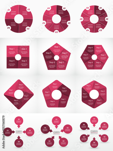 Set of pink circle infographic elements with 4, 5 and 6 options, parts or steps.
