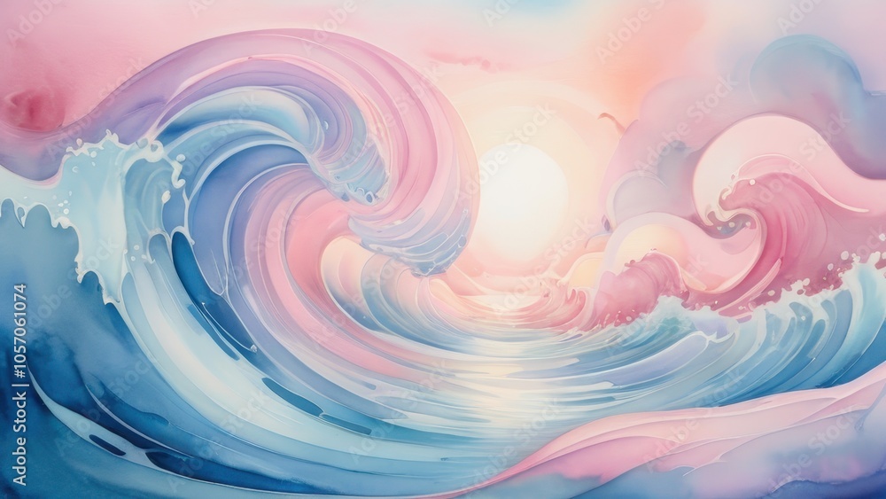 A serene watercolor painting of crashing waves under a pastel sunset, evoking a calming and dreamy ocean atmosphere A serene watercolor painting of crashing waves under a pastel sunset, evoking a calming and dreamy ocean atmosphere