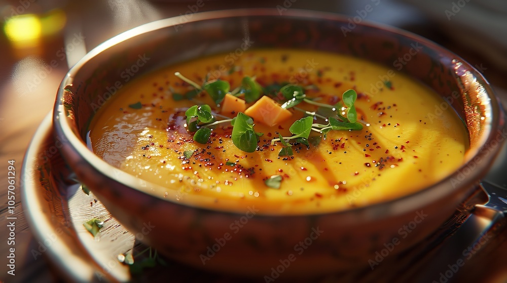 A close up of a bowl of fast food sweet potato soup A close up of a bowl of fast food sweet potato soup