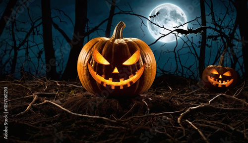 A glowing jack-o'-lantern with a sinister smile sits in a dark graveyard, under a full moon with bats flying around, surrounded by eerie trees and crosses.