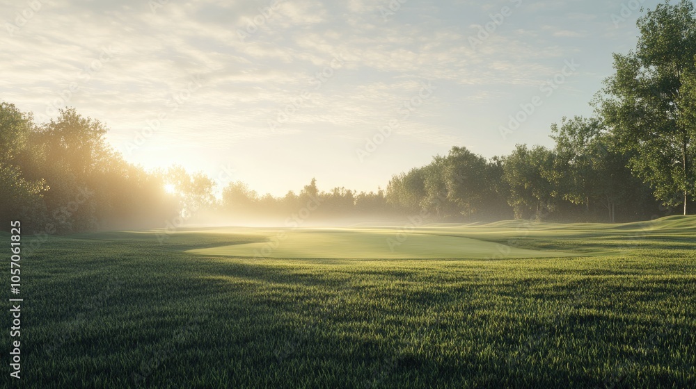 Golf course in a sunrise green field and trees in the background Golf course in a sunrise green field and trees in the background