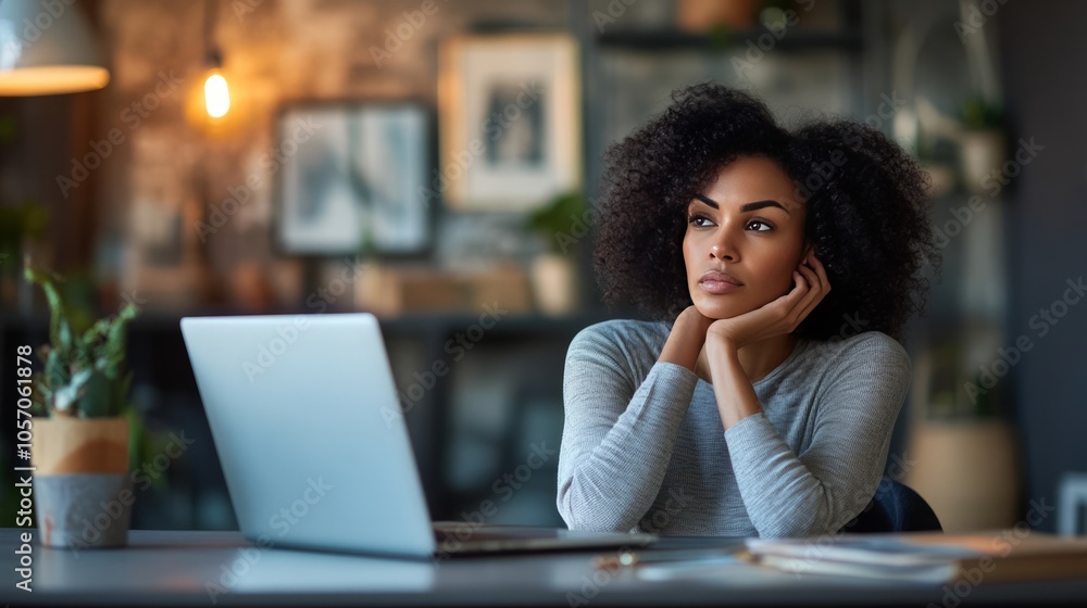 woman working on laptop and thinking woman working on laptop and thinking