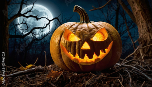 A glowing jack-o'-lantern with a sinister smile sits in a dark graveyard, under a full moon with bats flying around, surrounded by eerie trees and crosses.