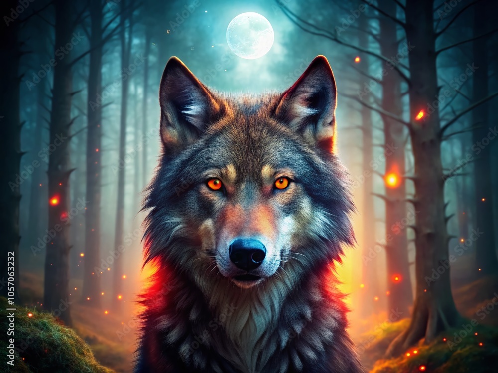 Enigmatic Wolf with Red Face and Glowing Features in a Mysterious Forest Setting Enigmatic Wolf with Red Face and Glowing Features in a Mysterious Forest Setting