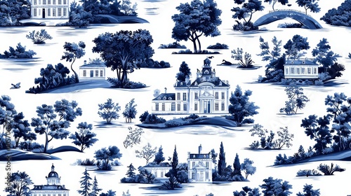 Elegant Toile Fabric with Scenic Blue Pattern photo