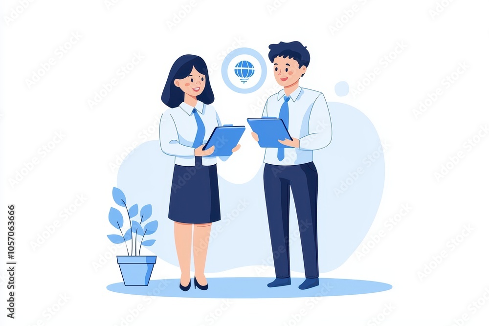 Two professionals discussing data with tablets and a plant in an office setting, isolated on a white background. Two professionals discussing data with tablets and a plant in an office setting, isolated on a white background.