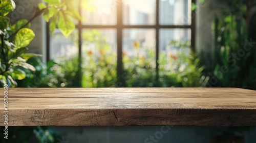 A rustic wooden table is illuminated by sunlight flooding through large windows, surrounded by vibrant greenery and plants, creating a tranquil atmosphere