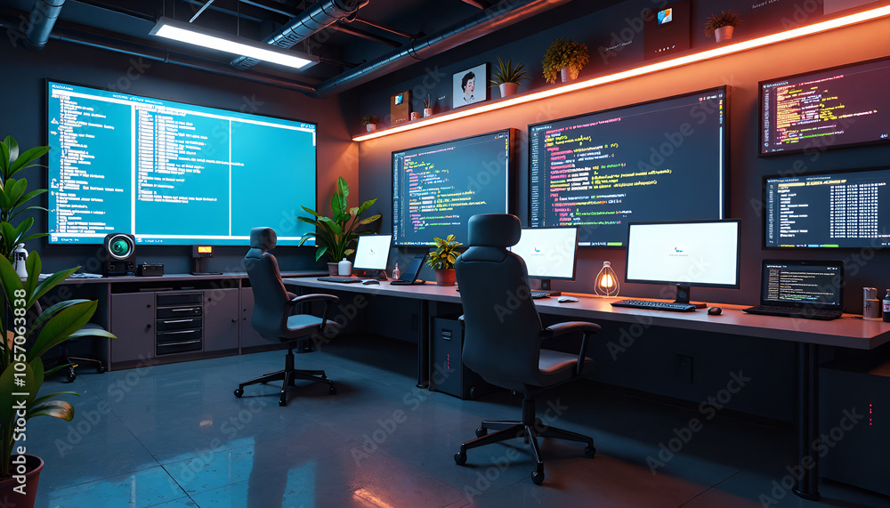 Modern Developer Workspace with Multiple Monitors in Dark Room with Neon Lighting Modern Developer Workspace with Multiple Monitors in Dark Room with Neon Lighting