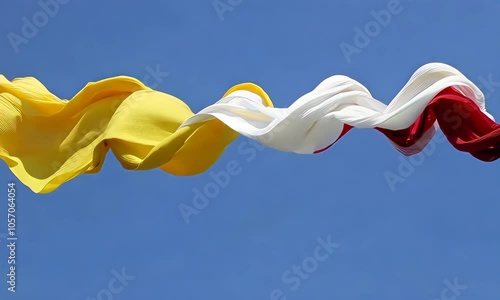 Colorful flowing fabric against a bright blue sky photo