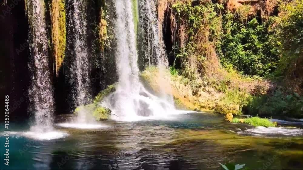 A beautiful waterfall falling from a cliff in a picturesque forest place A beautiful waterfall falling from a cliff in a picturesque forest place
