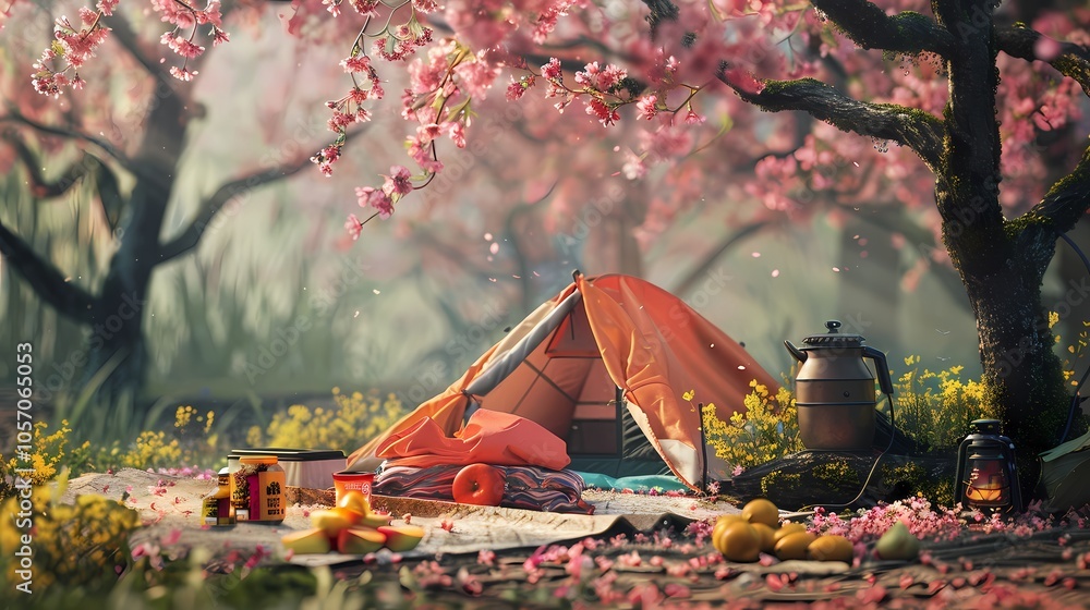 Camping gear neatly arranged on a small mat with fresh fruit, surrounded by blooming cherry trees, captured with professional clarity.
Camping gear neatly arranged on a small mat with fresh fruit, surrounded by blooming cherry trees, captured with professional clarity.