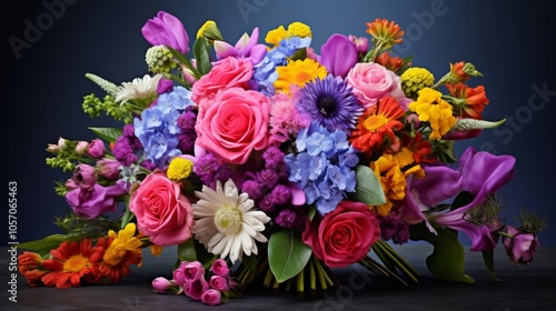 Vibrant mixed flower bouquet with colorful roses, lilies, and daisies in full bloom