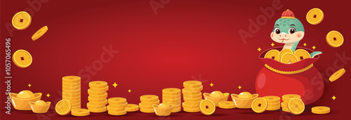 A cute snake peeks out of a bag filled with golden coins. Stacks of coins and gold ingots are scattered around.