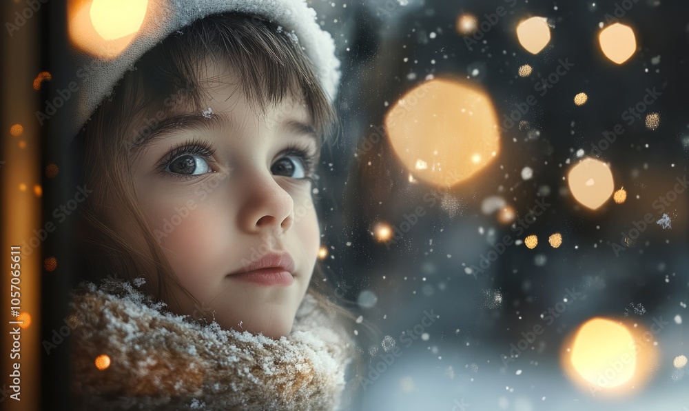 Child's expression of wonder as they peer out the window at freshly fallen snow, with Christmas lights reflecting in the glass Child's expression of wonder as they peer out the window at freshly fallen snow, with Christmas lights reflecting in the glass