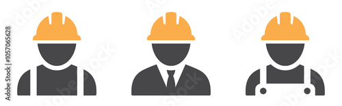 Builder icons set. Avatar with hard helmet and jacket set. Construction worker, engineer, labour, male worker and employee in a helmet - stock vector.